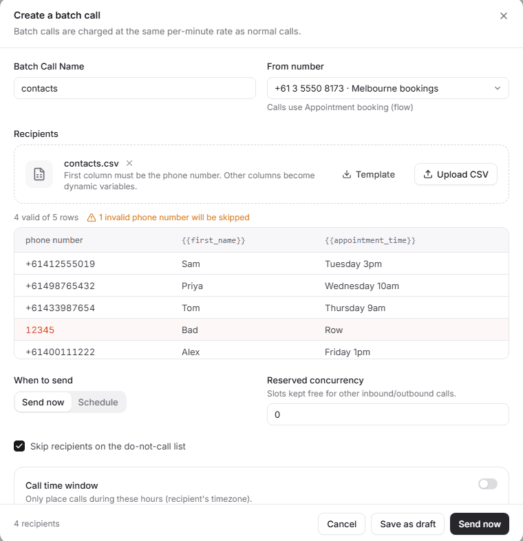 Create a call list with contacts.csv uploaded: four valid rows, one invalid phone number skipped, and first name and appointment time columns.