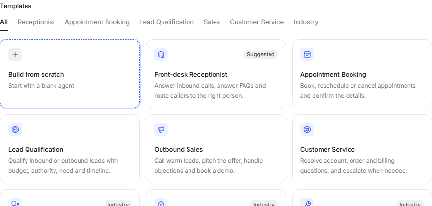 Agent templates: build from scratch, front-desk receptionist, appointment booking, lead qualification, outbound sales and customer service.