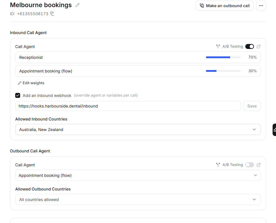 Settings for a Melbourne bookings number, with an agent chosen for incoming calls and another for outgoing calls.