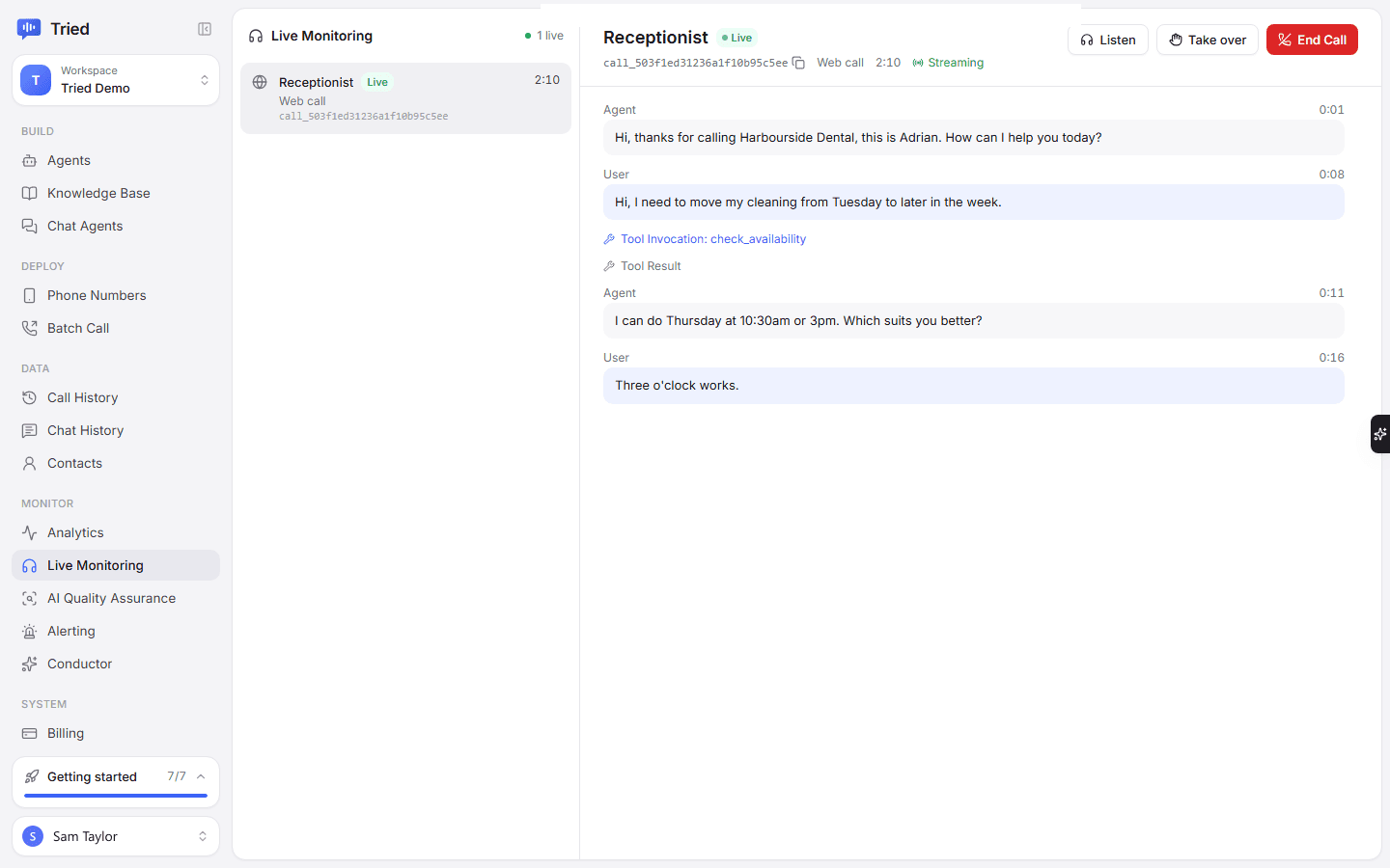 Live monitoring: a receptionist agent moving a caller's cleaning appointment to Thursday at 3pm, with Listen and Take over buttons.